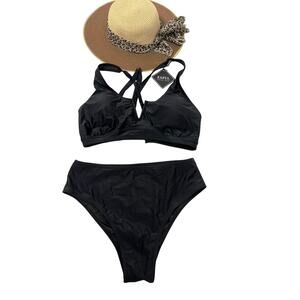Zaful black two-pc set swimsuit large lace up tie back top high waist bottom NWT